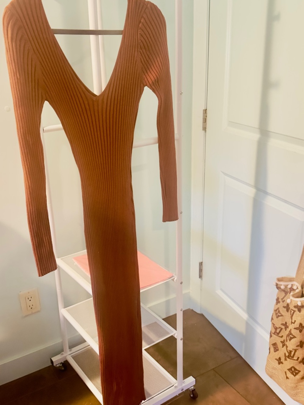Ribbed V-Neck Long Sleeve Maxi Dress in Brown